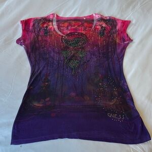 Guess Women's Vibrant Pink and Purple Tee